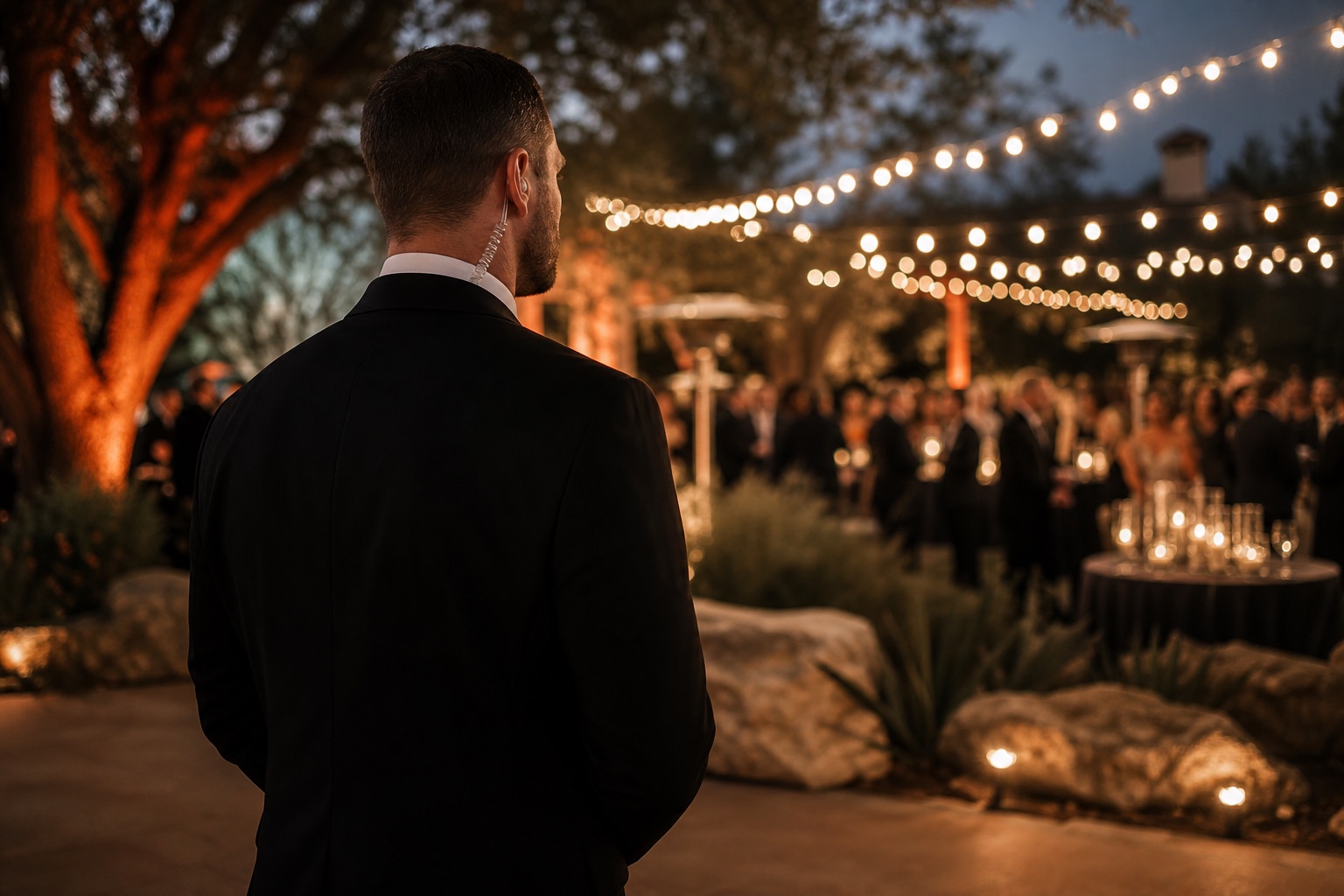 Suited Foxtrap officer watching over an evening event under string lights