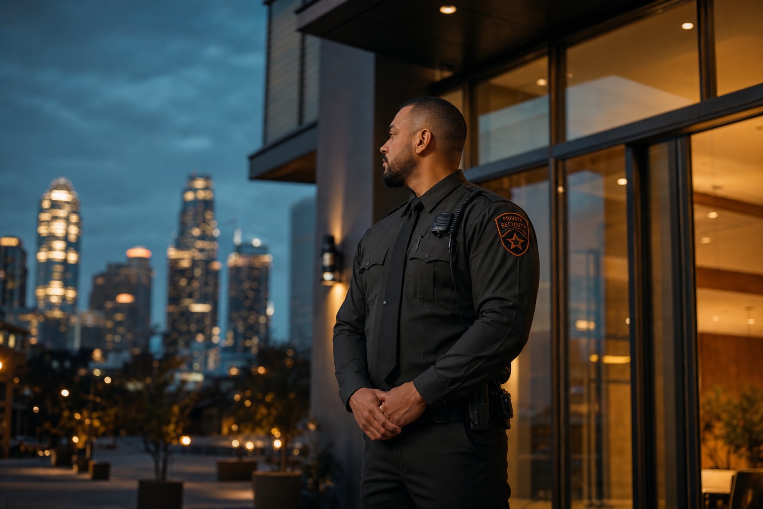 Foxtrap security officer standing watch outside a commercial building at dusk with the Austin skyline behind him