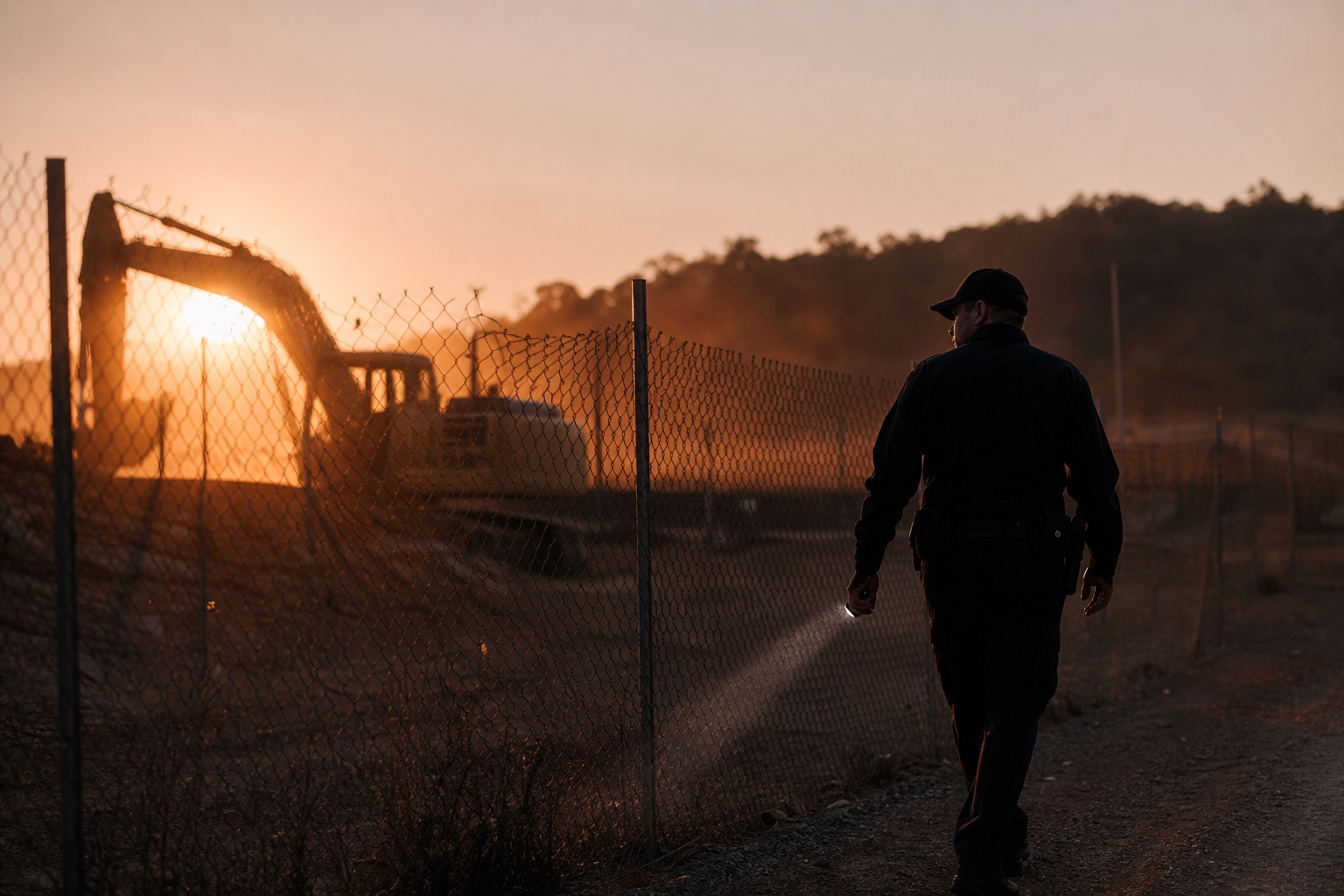 Officer walking the fenced perimeter of a construction site at sunset